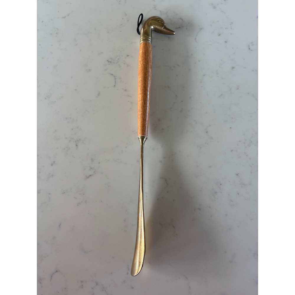 Vintage Brass Duck Head Long Handle Shoe Horn Wood Mid-Section 17.5 Inch